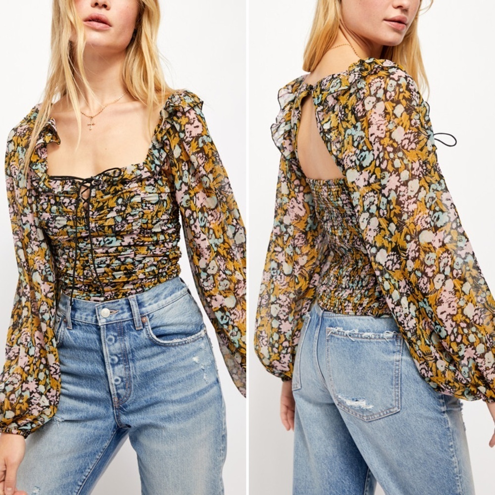 Free People Boho Colorful Floral Mabel Printed Blouse Women’s Size Large